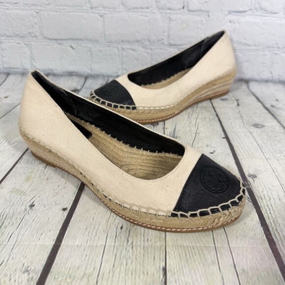 Tory Burch Wedges Women Size 7 Black Low Heel Espadrilles Canvas Preppy Shoes - Picture 1 of 14